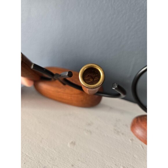 Danish Teak Candleholders Set of Two Luthje Denmark Modernist Brass Metal Wood - Picture 6 of 9